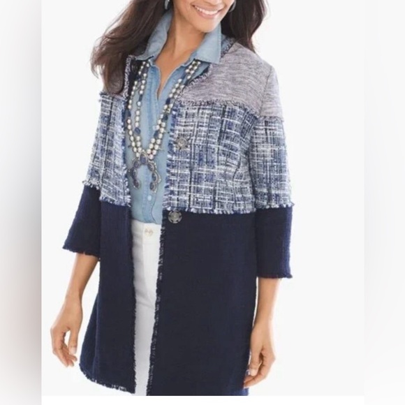 Chico's Jackets & Blazers - CHICO'S Tweed Longline Frayed Jacket Navy Blue Colorblock Size 0 (US 4/6 Small)